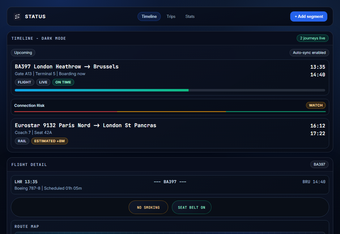 STATUS flight detail view with cabin signs, route map and performance metrics